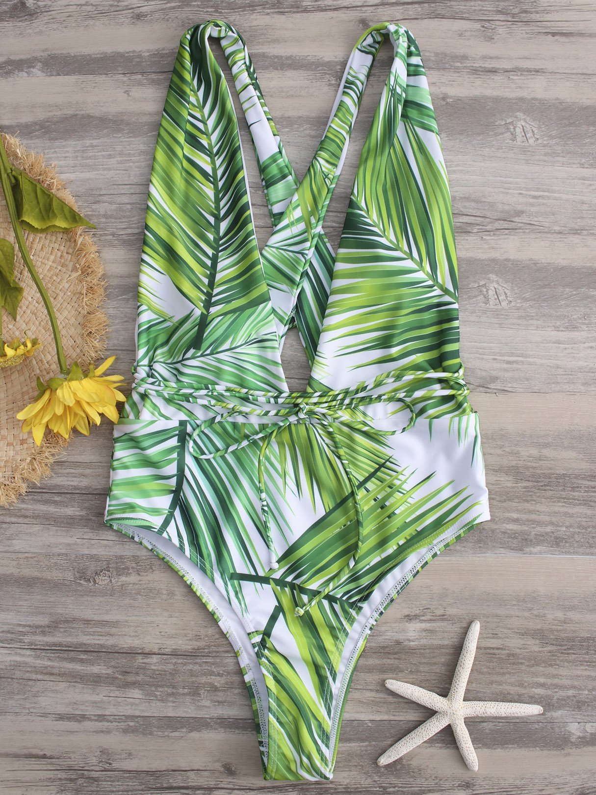 Wholesale Green Deep V Neck Sleeveless Floral Print Backless Self-Tie Criss-Cross One-Pieces