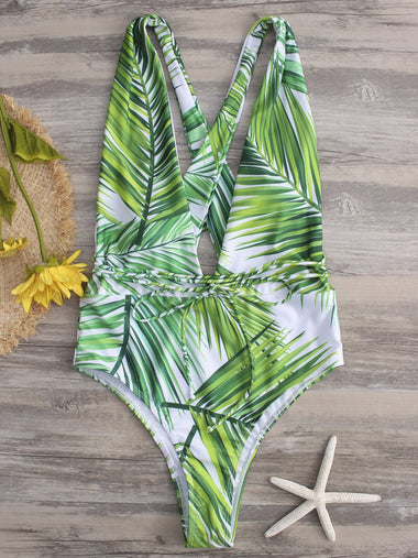 Wholesale Green Deep V Neck Sleeveless Floral Print Backless Self-Tie Criss-Cross One-Pieces