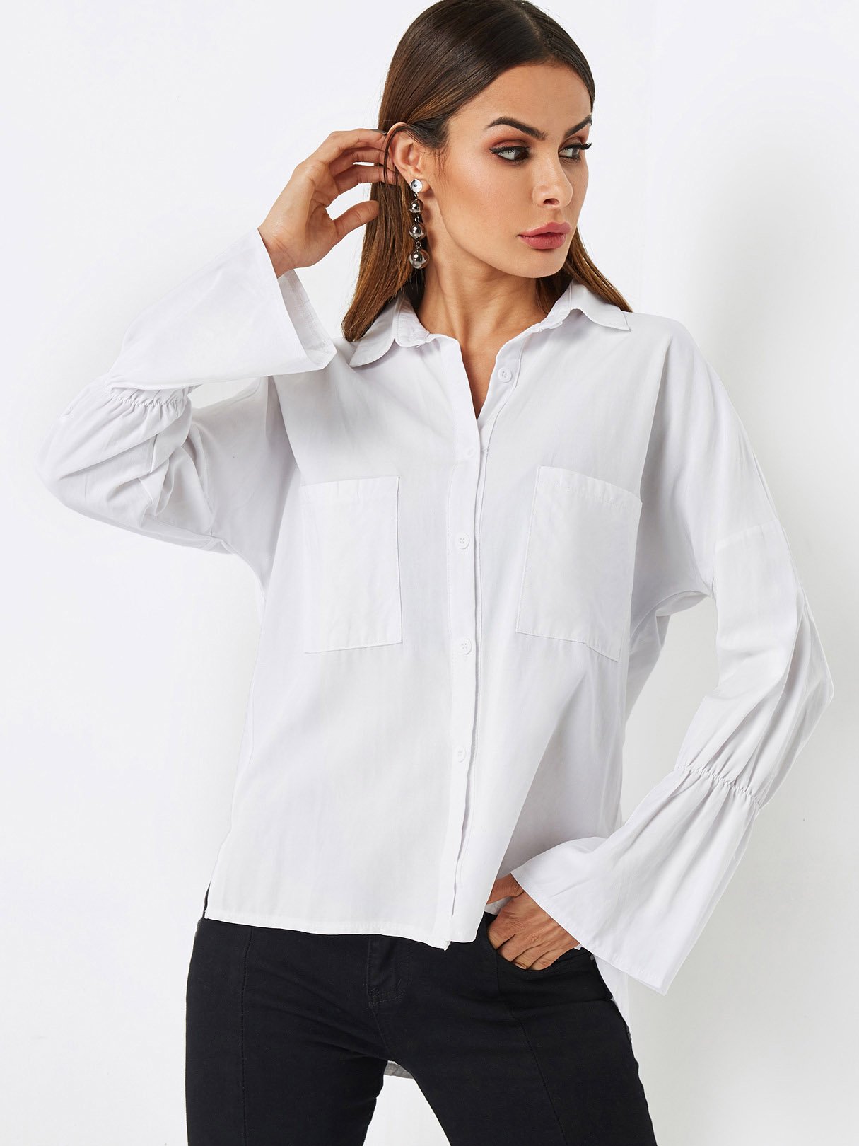 Wholesale Classic Collar Side Pockets Long Sleeve White Blouses