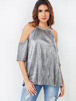 Wholesale Cold Shoulder Plain Hollow Half Sleeve Silver Top