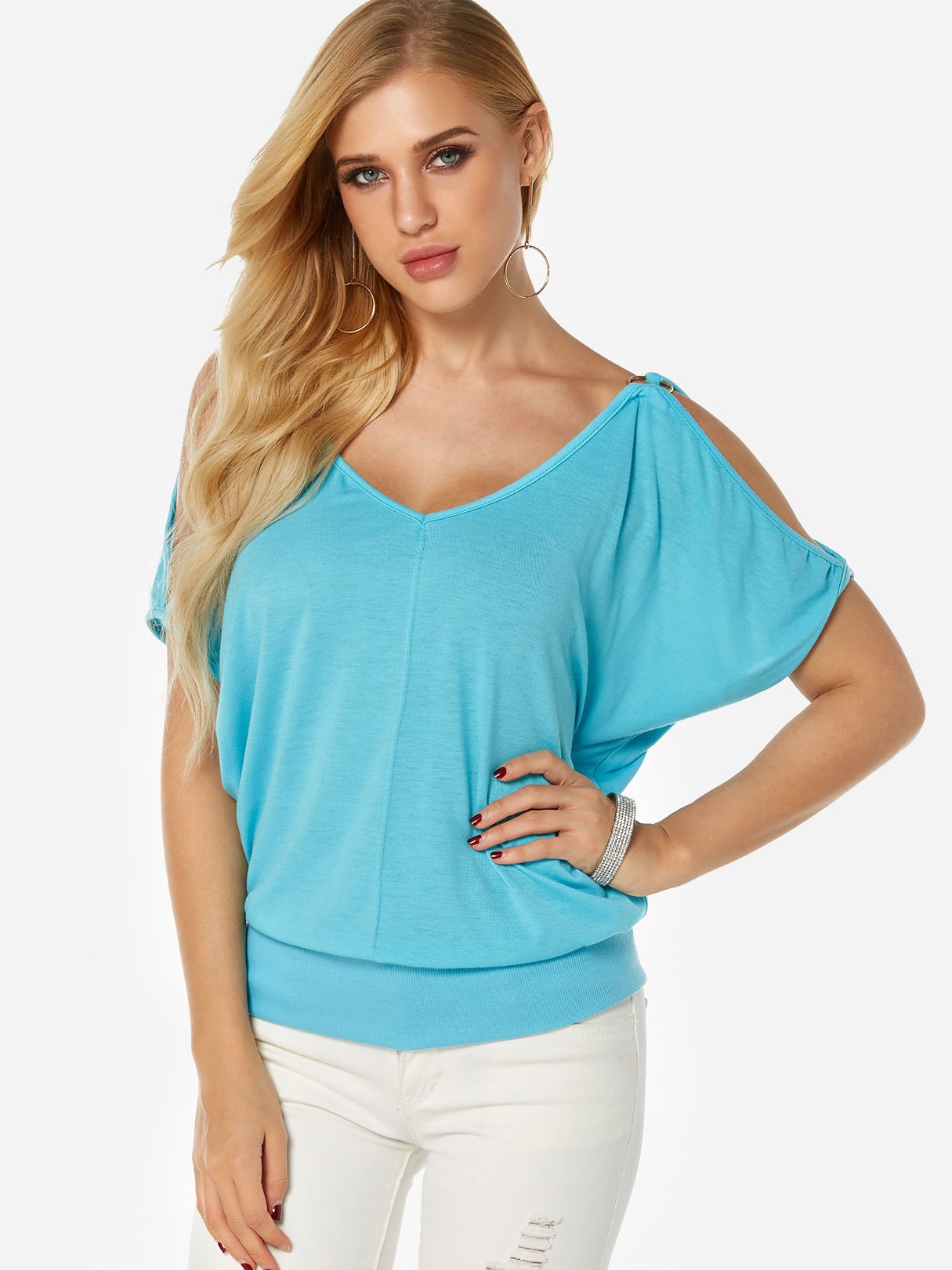 Wholesale Cold Shoulder Plain Short Sleeve Blue T-Shirts