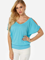 Wholesale Cold Shoulder Plain Short Sleeve Blue T-Shirts