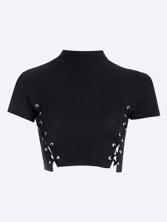 Wholesale Lace-Up Short Sleeve Black Top