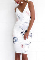 Wholesale White V-Neck Sleeveless Floral Print Backless Adjustable Shoulder Straps Dresses