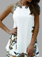 Wholesale White Crew Neck Sleeveless Floral Print Lace-Up Cut Out Irregular Hem Dresses