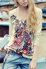 Wholesale Round Neck Printed Long Sleeve Apricot T-Shirts