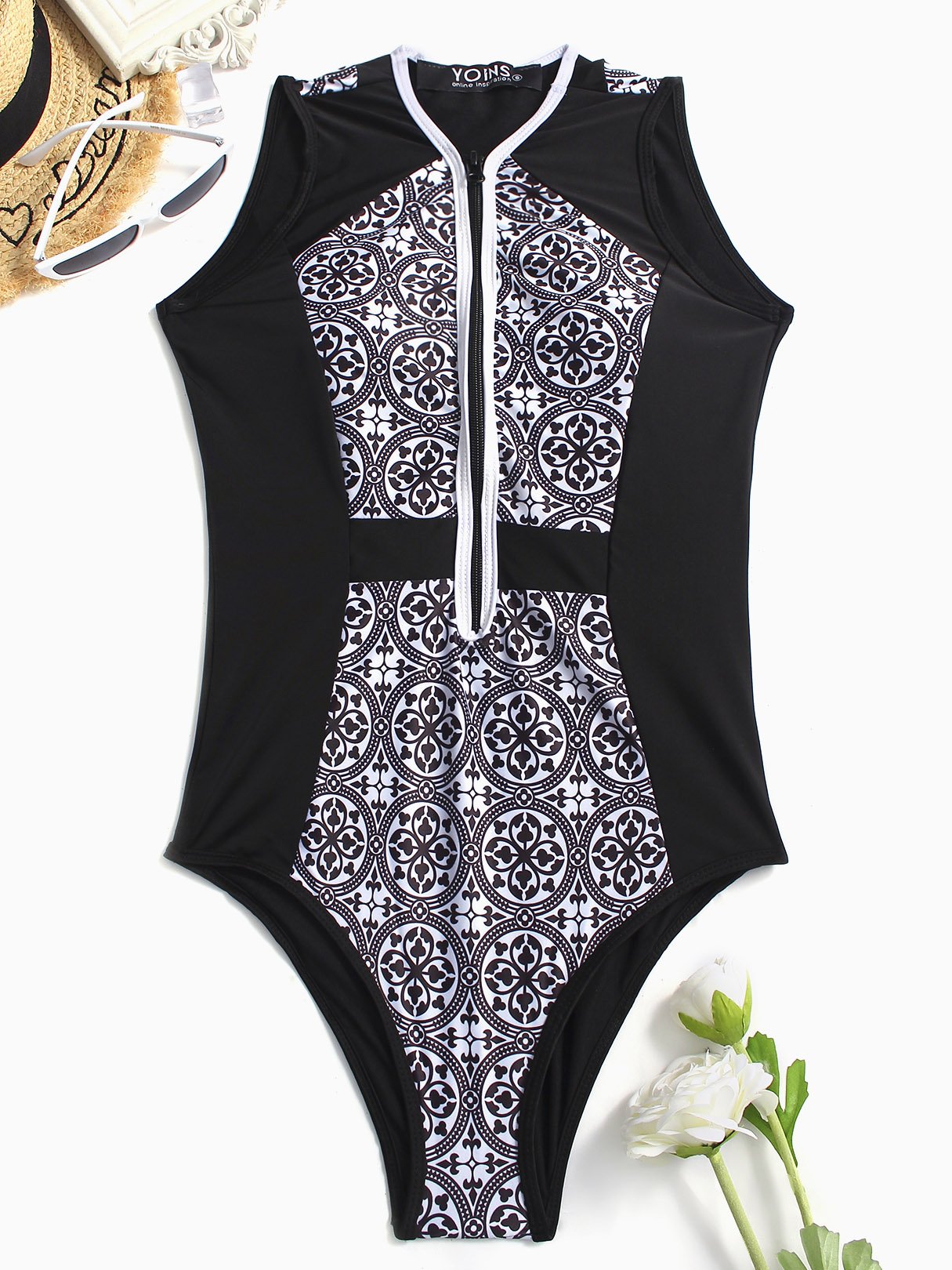 Wholesale V-Neck Floral Print Zip Back One-Pieces