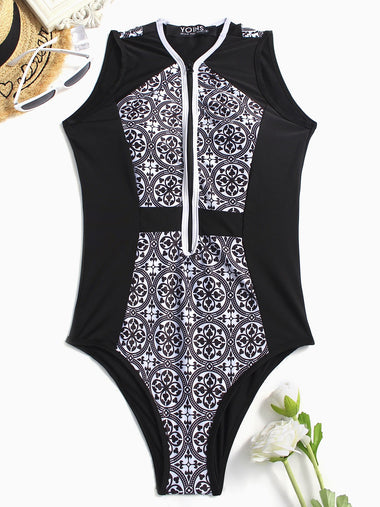 Wholesale V-Neck Floral Print Zip Back One-Pieces