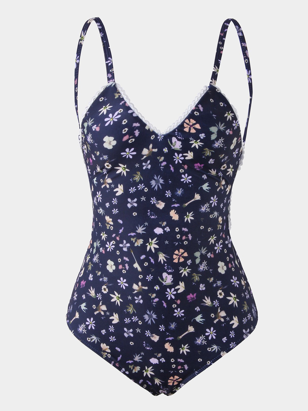 Wholesale Navy V-Neck Sleeveless Floral Print Lace-Up One-Pieces