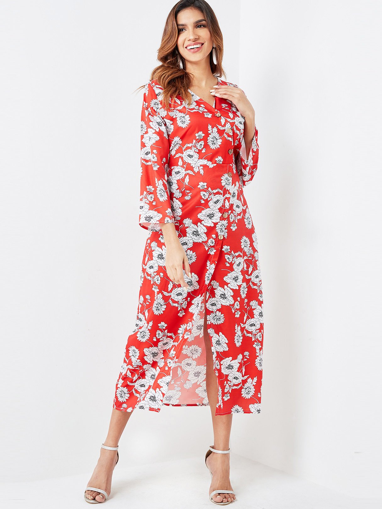 Wholesale V-Neck Long Sleeve Floral Print Slit Hem Dresses