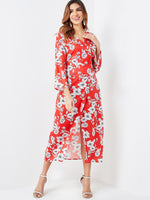 Wholesale V-Neck Long Sleeve Floral Print Slit Hem Dresses