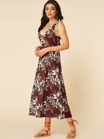 Wholesale V-Neck Sleeveless Floral Print Backless Cut Out Self-Tie Ruffle Hem Dresses
