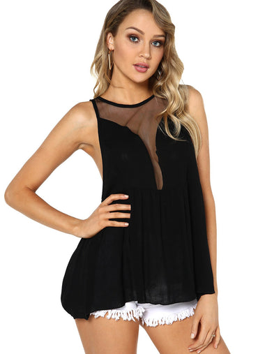 Wholesale Round Neck Deep V Neck Plain Backless See Through Sleeveless Irregular Hem Black Camis
