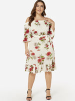 Wholesale Off The Shoulder Floral Print Half Sleeve Flounced Hem Plus Size Dresses