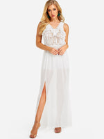 Wholesale White V-Neck Sleeveless Slit Hem Beach Dresses 