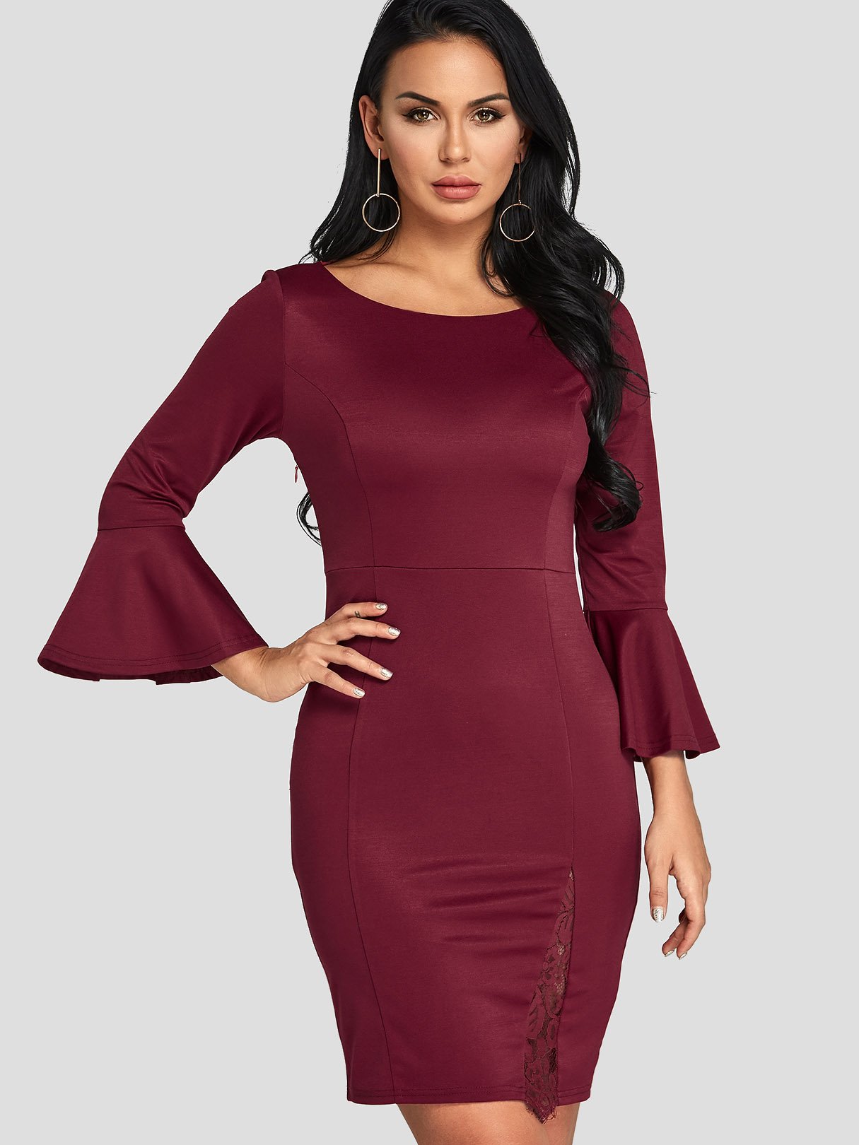 Wholesale Burgundy Round Neck 3/4 Sleeve Length Plain Crochet Lace Embellished Hollow See Through Slit Hem Sexy Dresses