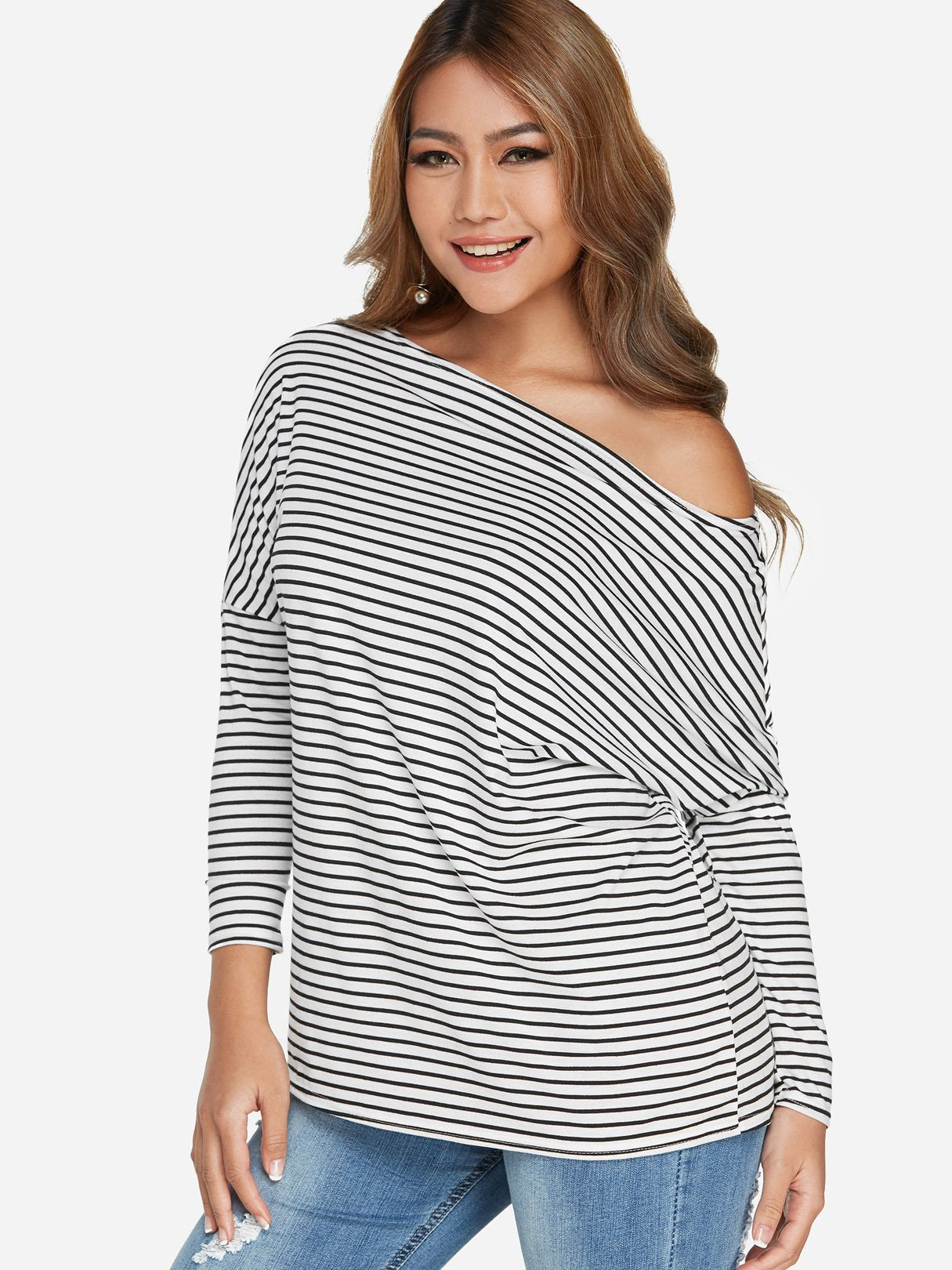 Wholesale One Shoulder Stripe Long Sleeve T-Shirts