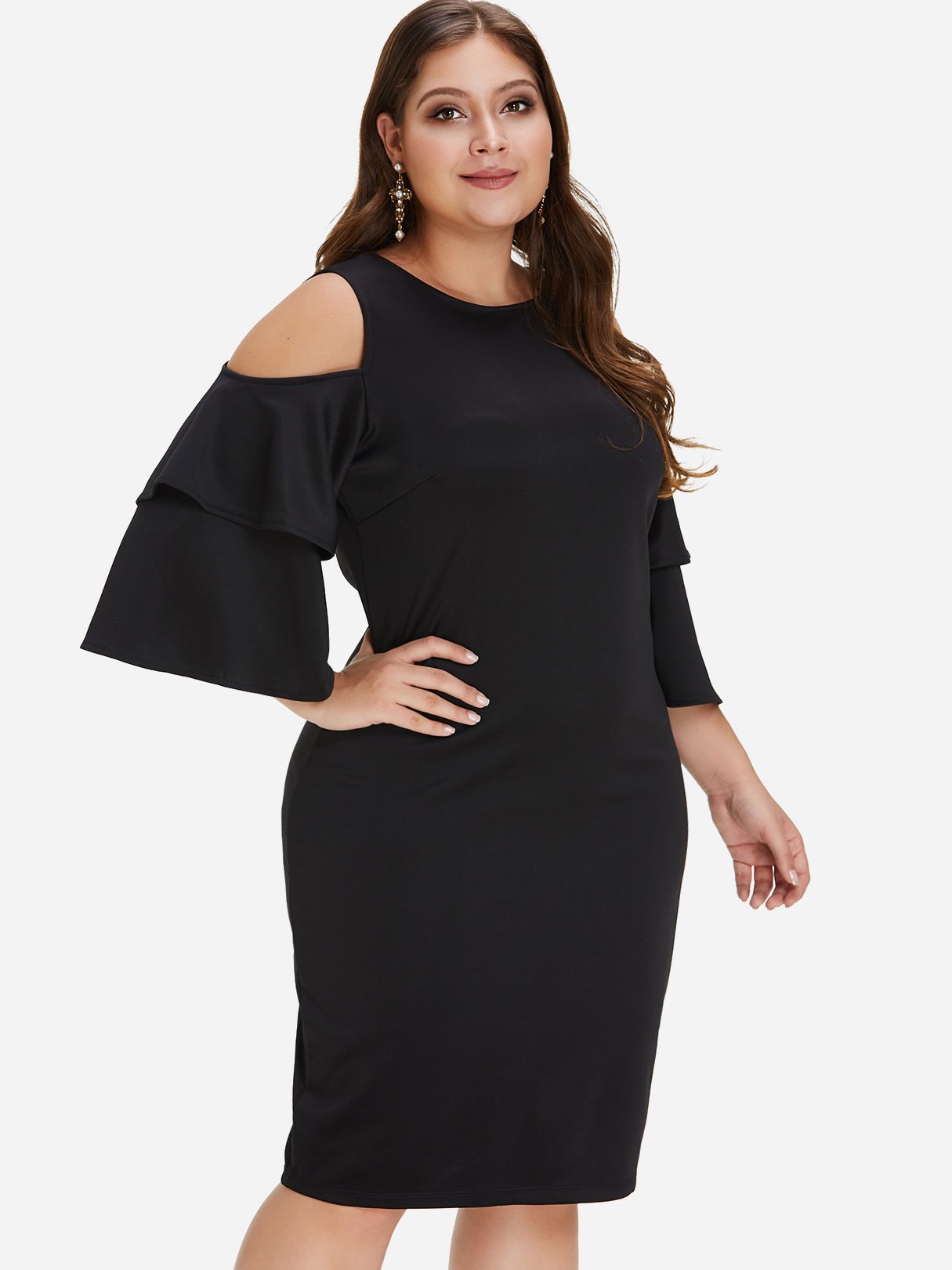 Wholesale Round Neck Cold Shoulder Plain Tiered 3/4 Sleeve Black Plus Size Dress
