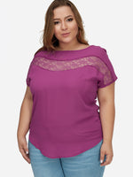 Wholesale Round Neck Plain Lace Hollow Short Sleeve Rose Plus Size Tops
