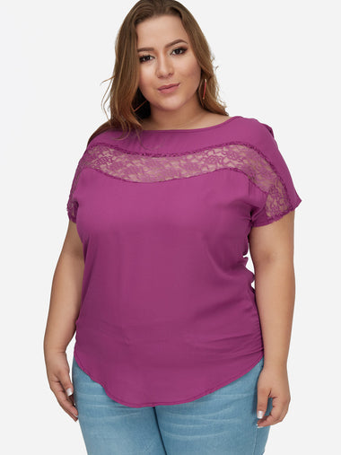 Wholesale Round Neck Plain Lace Hollow Short Sleeve Rose Plus Size Tops