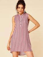 Wholesale Pink Round Neck Sleeveless Stripe High-Low Hem Casual Dress