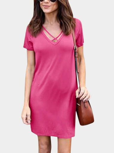 Wholesale Rose V-Neck Short Sleeve Lace-Up Slit Hem Dress