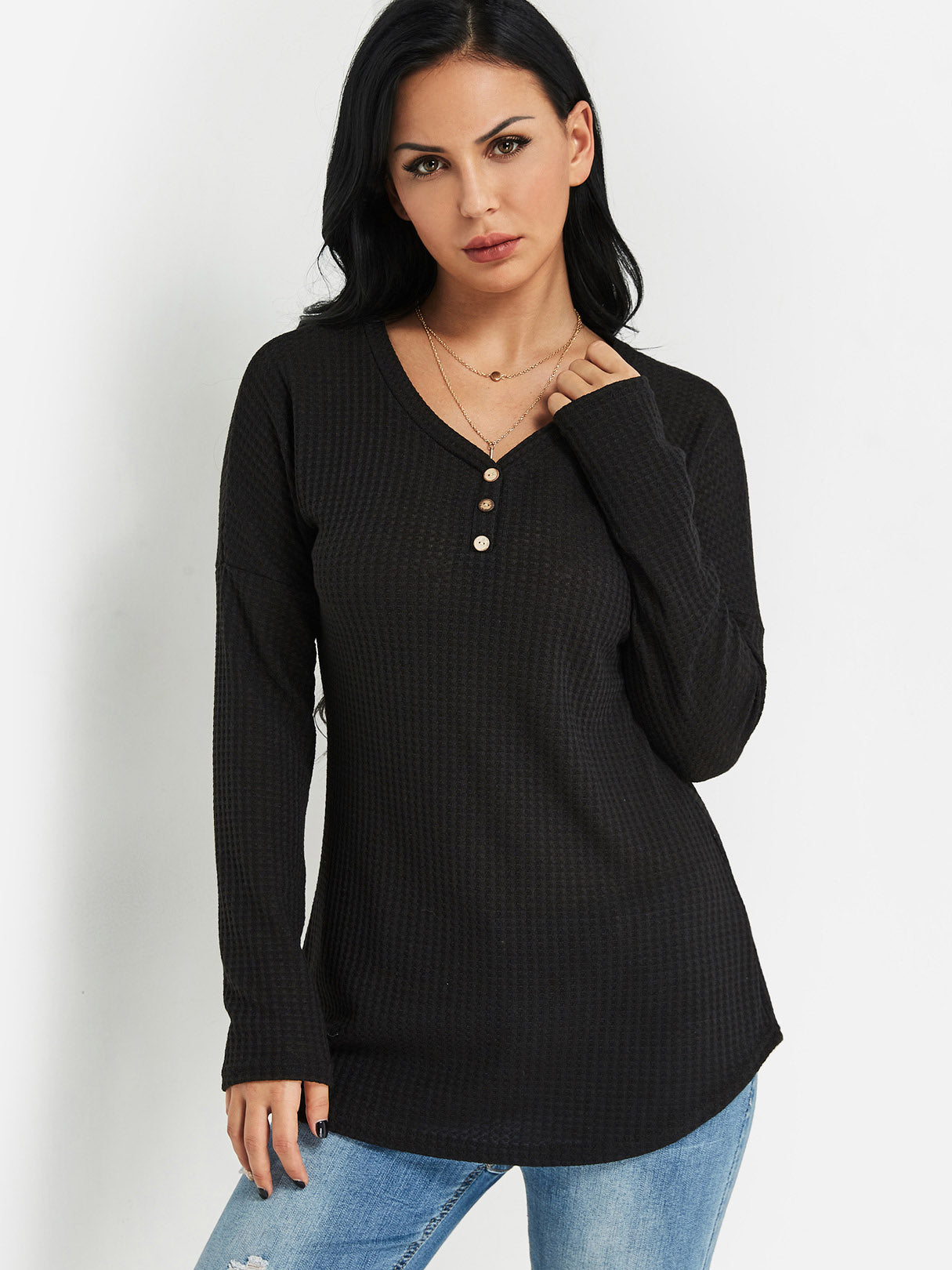 Wholesale Single Breasted Design V-Neck Knitted T-Shirt