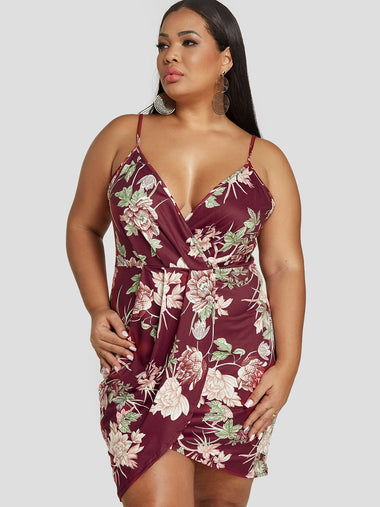 Wholesale V-Neck Floral Print Pleated Spaghetti Strap Wrap Sleeveless Asymmetrical Hem Plus Size Dress