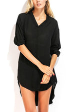 Wholesale V-Neck Plain Long Sleeve Irregular Hem Black Blouses