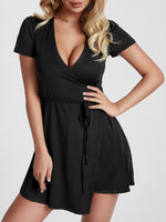 Wholesale Black Deep V Neck Short Sleeve Plain Lace-Up Irregular Hem Sexy Dresses