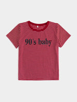Wholesale Round Neck Stripe Letter Short Sleeve Red T-Shirts