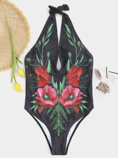 Wholesale Black V-Neck Sleeveless Floral Print Backless One-Pieces