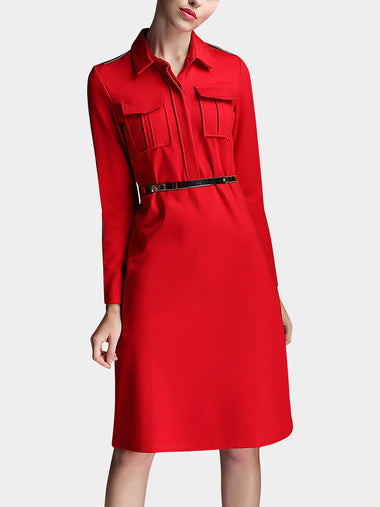 Wholesale Red A-Line Shirt Dress With Belt