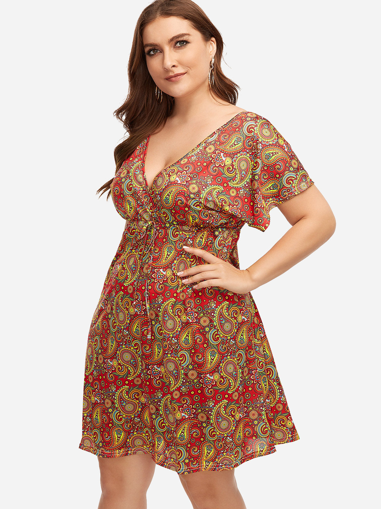 Wholesale V-Neck Geometrical Short Sleeve Pink Plus Size Midi Dress