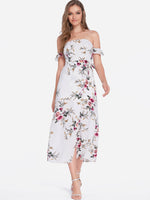 Wholesale White Off The Shoulder Short Sleeve Floral Print Lace-Up Slit Hem Dresses