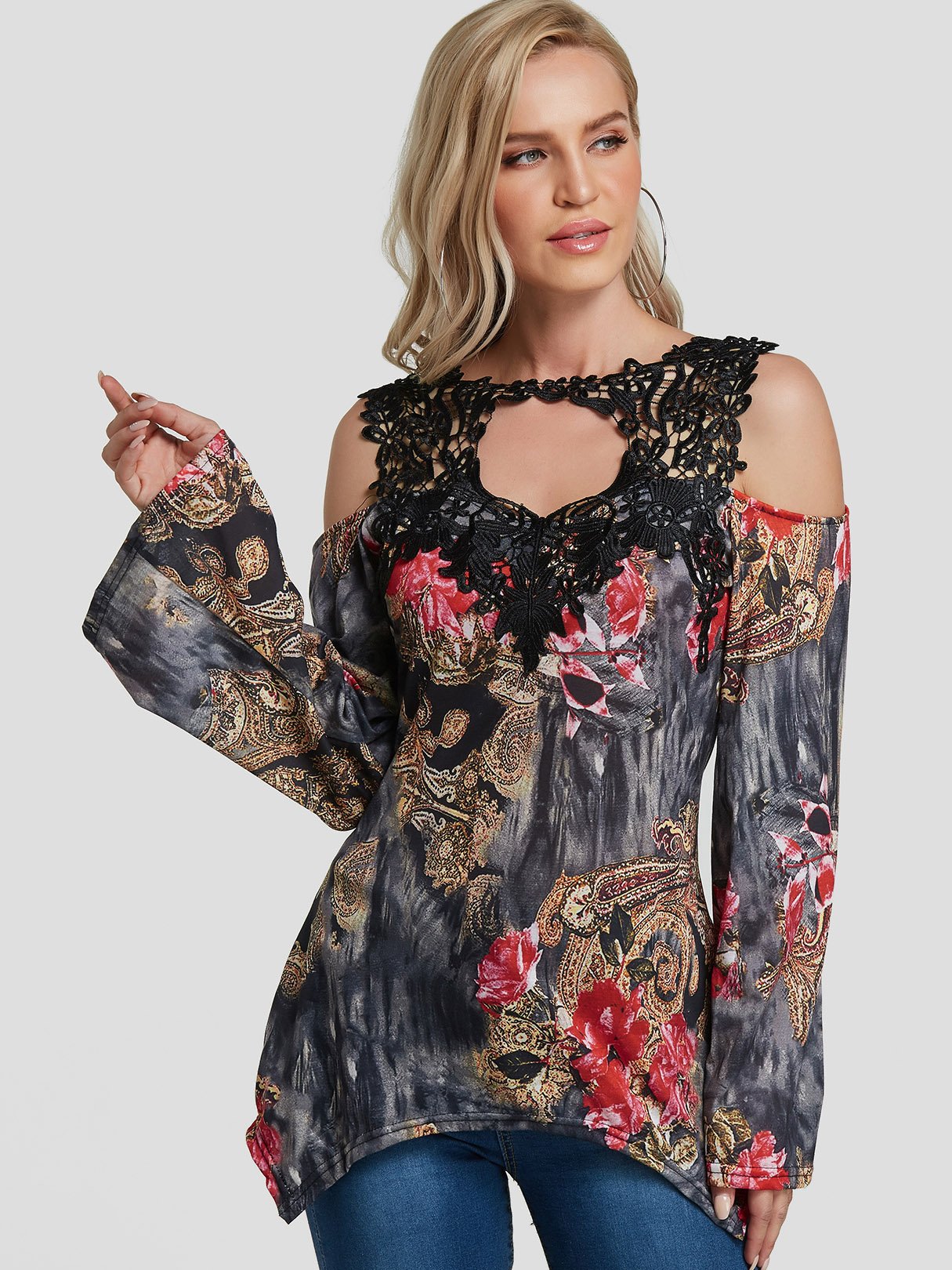 Wholesale Cold Shoulder Floral Print Lace Cut Out Long Sleeve Black T-Shirts