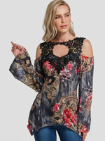 Wholesale Cold Shoulder Floral Print Lace Cut Out Long Sleeve Black T-Shirts