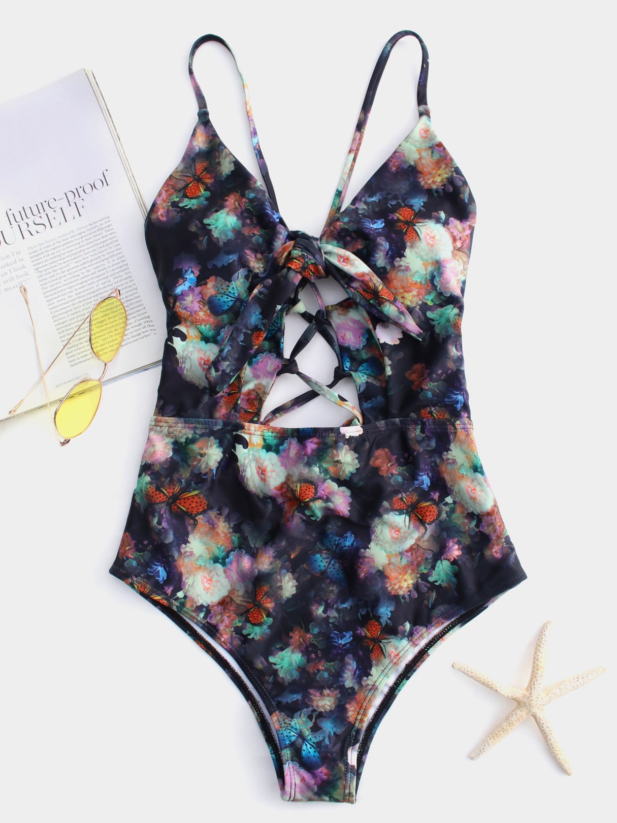 Wholesale V-Neck Floral Print Cut Out Criss-Cross Tie-Up Bikini