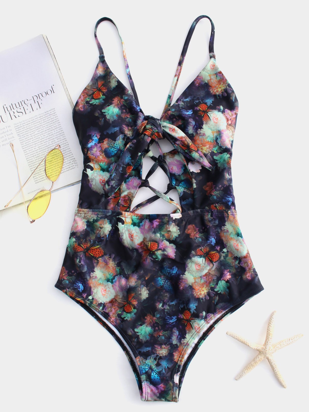 Wholesale V-Neck Sleeveless Floral Print Cut Out Criss-Cross Tie-Up Bikinis