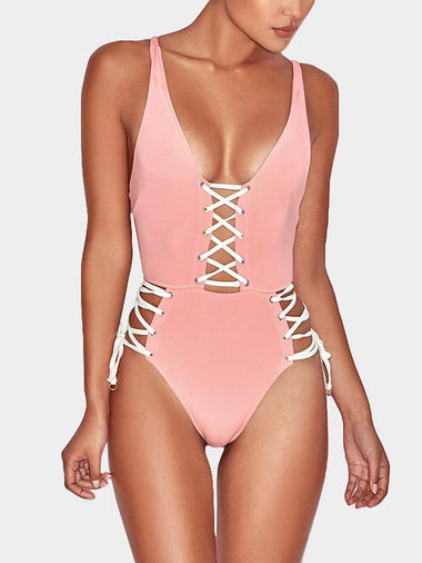 Wholesale V-Neck Sleeveless Backless Lace-Up One-Pieces Swimwears