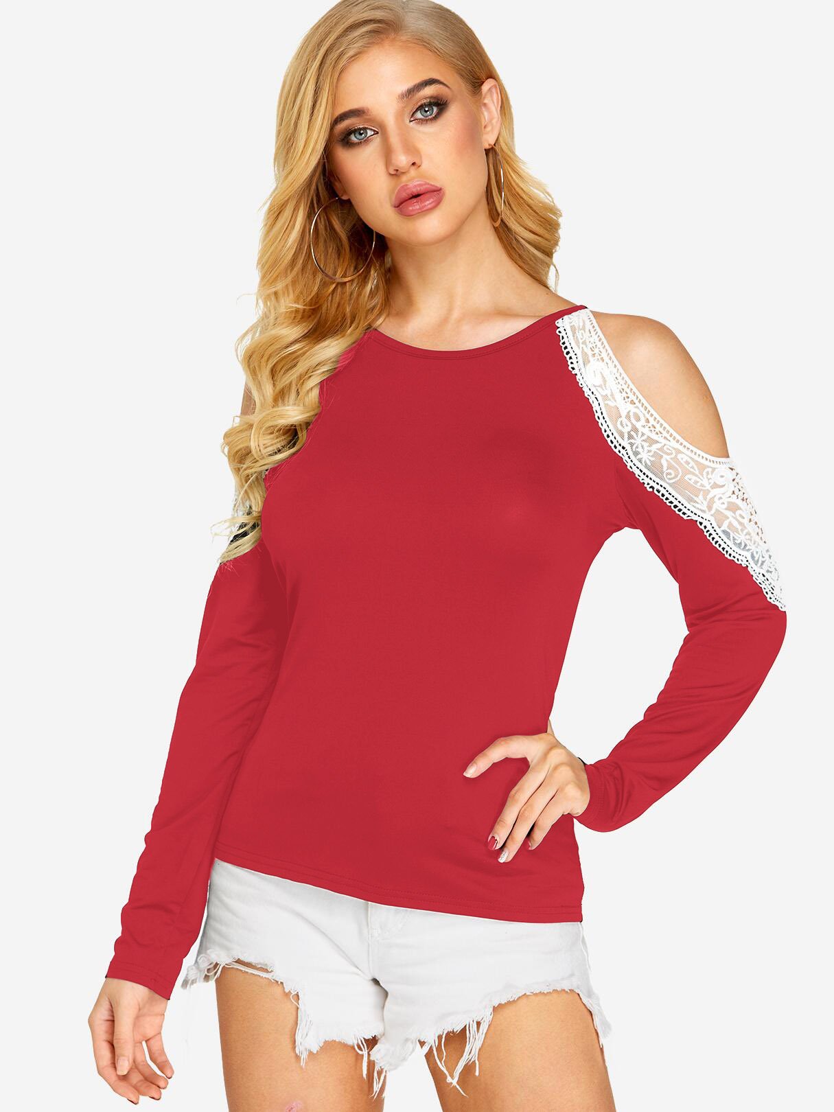 Wholesale Round Neck Cold Shoulder Lace Long Sleeve Red T-Shirts