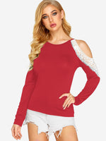Wholesale Round Neck Cold Shoulder Lace Long Sleeve Red T-Shirts
