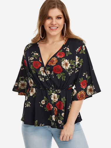 Wholesale V-Neck Floral Print Half Sleeve Flounced Hem Black Plus Size Tops