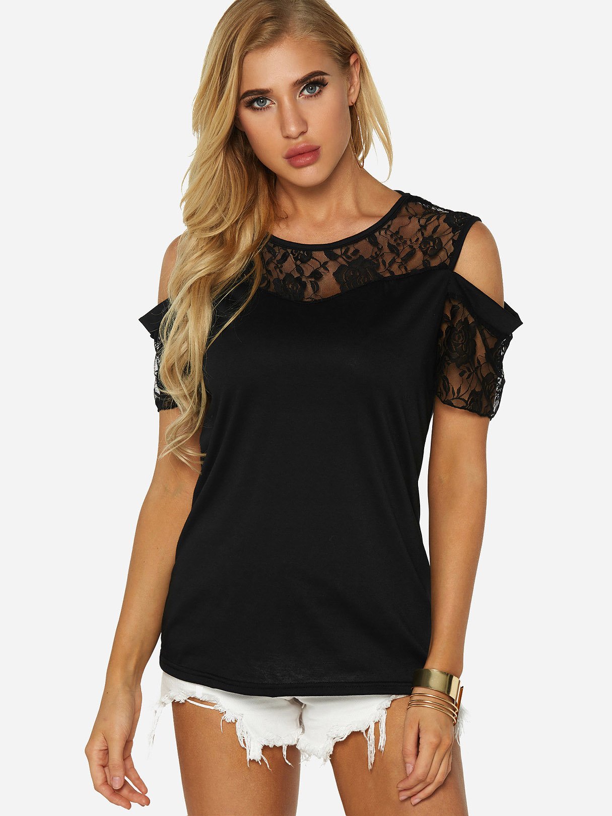 Wholesale Cold Shoulder Lace Short Sleeve Black Top