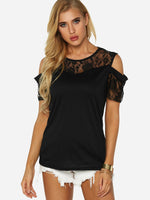 Wholesale Cold Shoulder Lace Short Sleeve Black Top