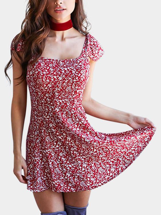 Wholesale Burgundy Square Neck Short Sleeve Floral Print Backless Lace-Up Casual Dresses