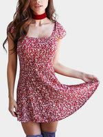 Wholesale Burgundy Square Neck Short Sleeve Floral Print Backless Lace-Up Casual Dresses