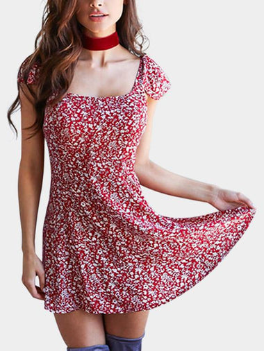 Wholesale Burgundy Square Neck Short Sleeve Floral Print Backless Lace-Up Casual Dresses