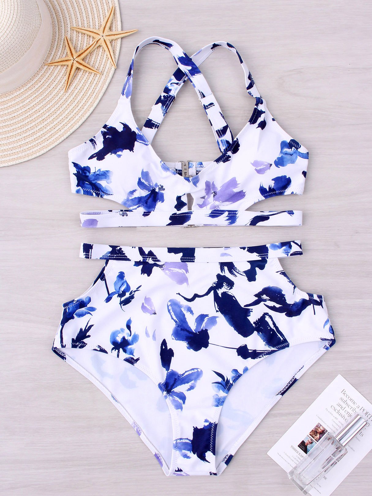 Wholesale V-Neck Sleeveless Floral Print Cut Out High Waist Two Piece Bikinis