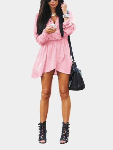 Wholesale V-Neck Elastic Waist Irregular Hem Mini Dresses With Long Seeves